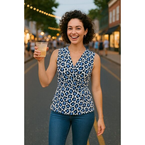 41 Hawthorn Small Blue Black Abstract Leopard Print Wrap Blouse - Picture 1 of 12
